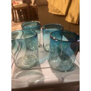 Set of 4 Hand Blown Recycled Glass Teal Turquoise Ombré Old Fashioned Glasses